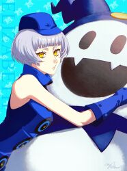  :t absurdres armpit_crease bare_shoulders blue_dress blue_gloves blue_hat blunt_bangs character_name closed_mouth commentary_request dress elizabeth_(persona) eyelashes female gloves grey_hair hat highres holding holding_stuffed_toy hug hugging_object jack_frost_(megami_tensei) looking_at_viewer mini_hat persona persona_3 short_hair signature sleeveless sleeveless_dress stuffed_toy upper_body yellow_eyes yokaroni 