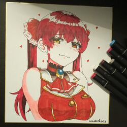  amulet blush breasts female heterochromia highres hololive houshou_marine houshou_marine_(1st_costume) koizumike large_breasts long_hair marker_(medium) red_hair smile traditional_media twintails yellow_eyes 