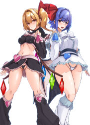  2girls absurdres alternate_costume bat_wings black_footwear black_panties blonde_hair blue_hair blush breasts closed_mouth commentary_request crystal_wings flandre_scarlet full_body hair_ribbon heart heart-shaped_pupils highres looking_at_viewer multiple_girls navel one_side_up open_mouth panties red_eyes red_ribbon remilia_scarlet ribbon short_hair siblings simple_background sisters smile symbol-shaped_pupils touhou underwear white_background white_footwear white_panties wings yukito_(dreamrider) 