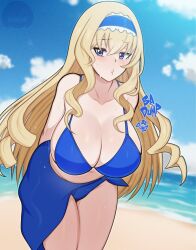  areola_slip artist_logo artist_name beach bikini blonde_hair blue_bikini blue_eyes blue_hairband blurry blurry_background blush breasts cecilia_alcott cloud cloudy_sky commission cowboy_shot day eyelashes female frilled_hairband frills hair_between_eyes hairband huge_breasts infinite_stratos leaning_forward looking_at_viewer nipples outdoors puffy_nipples scocks4you shadow sidelocks sky solo sound_effects sweatdrop swimsuit thighs watermark 