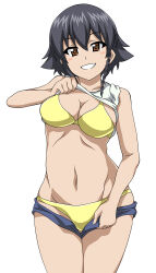  9s0ykoyama117 absurdres bikini black_hair blue_shorts braid braided_sidelock breasts brooklyn brown_eyes cleavage clothes_lift clothes_pull commentary female flipped_hair girls_und_panzer grin highres medium_breasts navel pepperoni_(girls_und_panzer) shirt shirt_lift short_hair short_shorts shorts shorts_pull sidelocks simple_background smile solo swimsuit twin_braids undressing white_background white_shirt yellow_bikini 