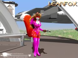  3d_(artwork) anthro boots breasts canid canine clothing digital_media_(artwork) female footwear fox fur hair learfox mammal polygons ranged_weapon raygun shoes smile solo text topwear weapon 