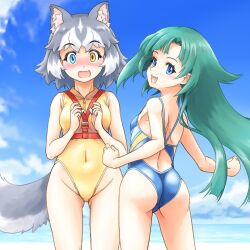  2girls animal_ear_fluff animal_ears ass beach blue_eyes blue_one-piece_swimsuit blush breasts dog_(mixed_breed)_(kemono_friends) dog_ears dog_girl dog_tail from_behind green_hair grey_hair harness heterochromia horizon kemono_friends kemono_friends_r long_hair looking_at_viewer multicolored_hair multiple_girls naka_(nicovideo14185763) one-piece_swimsuit open_mouth short_hair simple_background small_breasts smile swimsuit tail tomoe_(kemono_friends)_(niconico88059799) two-tone_hair white_hair yellow_eyes 