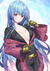  armored_gloves belt black_bodysuit black_gloves blue_background blue_hair blush bodysuit bodysuit_under_clothes breasts bucchake_(asami) cleavage closed_mouth collarbone commission cowboy_shot cropped_jacket female gloves gradient_background gradient_hair jacket kula_diamond large_breasts long_hair long_sleeves looking_at_viewer multicolored_hair no_bra open_clothes open_jacket pink_hair pixiv_commission purple_jacket red_eyes smile solo the_king_of_fighters undressing very_long_hair 