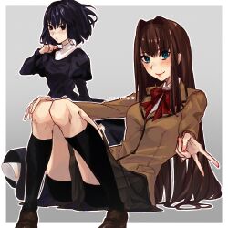  2girls aozaki_aoko artist_name bike_shorts black_dress black_socks blue_eyes blush border bow bowtie breasts brown_footwear brown_hair brown_jacket closed_mouth dress eyelashes full_body grey_background hair_intakes hand_on_own_knee highres jacket juliet_sleeves knees_together_feet_apart knees_up kuonji_alice leaning_back legs loafers long_hair long_sleeves looking_at_viewer mahou_tsukai_no_yoru medium_breasts medium_hair miniskirt multiple_girls neema_(oneemasan) outline pleated_skirt puffy_sleeves red_bow red_bowtie reien_girl&#039;s_academy_school_uniform school_uniform shadow shoes signature sitting skirt small_breasts smile socks v very_long_hair white_border white_outline 