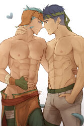  2boys abs animal_ears arm_around_waist blue_eyes blue_hair cat_boy cat_ears couple english_commentary eye_contact fell_from_the_sky fingerless_gloves fire_emblem fire_emblem:_radiant_dawn gloves green_headband hand_in_pocket hand_on_another&#039;s_neck headband heart highres ike_(fire_emblem) looking_at_another male_focus multiple_boys navel navel_hair nipples pectorals ranulf_(fire_emblem) short_hair tail toned toned_male topless_male white_background yaoi 