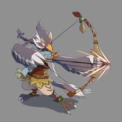  1:1 2019 action_pose anklet anthro arrow_(weapon) avian beak belt belt_buckle biped bird blue_body blue_feathers bow_(weapon) braided_hair breath_of_the_wild buckle chubberwocky clothed clothing facial_markings feather_hands feathered_tail feathers feet full-length_portrait green_eyes hair head_markings hi_res holding_bow_(weapon) holding_object holding_ranged_weapon holding_weapon jewelry male markings multicolored_body multicolored_feathers nintendo portrait pose ranged_weapon red_markings revali rito scarf semi-anthro signature simple_background solo standing tail talons the_legend_of_zelda toes topwear weapon white_body white_feathers 