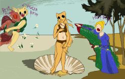  3_toes 4_fingers anthro argonian bethesda_game_studios bikini biped birth_of_venus blonde_hair blue_clothing breasts brown_clothing brush clothing colored countershade_body countershade_fur countershade_torso countershading day detailed_background digital_drawing_(artwork) digital_media_(artwork) english_text eyelashes feet felid female female_anthro female_human fingers flower fur gesture gold_trim green_body green_clothing green_scales group hair hand_gesture happy hi_res holding_brush holding_object holding_paintbrush human humanoid_feet humanoid_hands inspired_by_formal_art katia_managan khajiit lipstick long_hair long_tail makeup mammal microsoft multicolored_body multicolored_fur navel no_shading oblivion open_mouth outside paint paintbrush pink_lipstick pink_nose plant plantigrade pointing pointing_at_another prequel_adventure profanity pupils purple_paint purple_text quill-weave rajirra red_body red_sclera scales scalie sigrid_(oblivion) skeletronic small_nose smile standing swimwear tail text the_elder_scrolls toes tree two-piece_swimsuit water white_body white_skin yellow_body yellow_fur yellow_sclera yellow_tail 