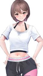  blush bra_strap breasts brown_eyes brown_hair cleavage closed_mouth collarbone cowboy_shot dance_trainer_(gakuen_idolmaster) female gakuen_idolmaster hair_between_eyes hand_on_own_hip hands_on_own_hips highres idolmaster medium_breasts midriff navel pants sezok shirt short_hair short_sleeves simple_background smile standing sweat sweaty_clothes track_pants two-tone_pants white_background white_shirt 