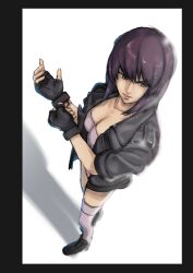  black_gloves black_jacket fingerless_gloves full_body ghost_in_the_shell glock gloves gun handgun highres jacket kusanagi_motoko leotard purple_hair raize84093 red_eyes shadow solo strapless strapless_leotard weapon white_background white_leotard 