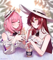  2girls absurdres alternate_costume breasts brown_hair cleavage closed_eyes closed_mouth cup disposable_cup dress dyadyadya earrings eden_(honkai_impact) elf elysia_(honkai_impact) elysia_(miss_pink_elf)_(honkai_impact) elysia_(sweet_memories)_(honkai_impact) hair_between_eyes hat highres holding holding_cup honkai_(series) honkai_impact_3rd jewelry kiana_kaslana kiana_kaslana_(sweet_memories) large_breasts long_hair looking_at_another multiple_girls official_alternate_costume pink_hair pointy_ears smile sun_hat table tilted_hat twitter_username upper_body white_background white_dress white_hat yellow_eyes yuri 