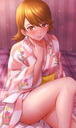  bare_legs bed_sheet blush brown_eyes brown_hair checkered_clothes checkered_kimono closed_mouth clothes_lift collarbone commentary_request earrings feet_out_of_frame female floral_print floral_print_kimono hair_between_eyes heart heart-shaped_pupils highres indoors japanese_clothes jewelry kimono kimono_lift knee_up legs light_particles lips long_sleeves looking_at_viewer masatoshi_1219 medium_hair nail_polish official_alternate_costume persona persona_3 pink_kimono pink_lips pink_nails print_kimono sash solo stud_earrings summer sweat symbol-shaped_pupils thighs wide_sleeves yellow_sash yukari_takeba yukata 