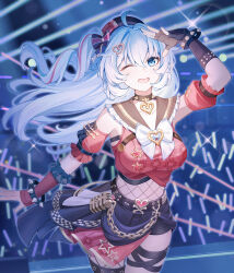  absurdres ahoge aimh black_gloves black_hat black_shorts blue_eyes blue_hair breasts choker cowboy_shot crop_top female fingerless_gloves fishnets gloves glowstick hair_ornament hat heart heart_choker highres holding holding_glowstick honkai_(series) honkai_impact_3rd large_breasts light_blue_hair long_hair midriff one_eye_closed open_mouth shigure_kira shigure_kira_(tonight&#039;s_my_time!) short_shorts shorts single_glove smile solo_focus stage thighs 