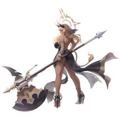  absurdres anklet armlet ass axe backless_dress backless_outfit battle_axe black_dress black_panties blonde_hair breasts closed_mouth dark-skinned_female dark_skin dress earrings female floating_clothes floating_hair from_behind halo headgear high_heels highres holding holding_axe holding_weapon horns huge_weapon jewelry jinone large_breasts legs_apart long_hair looking_at_viewer looking_back mole mole_under_eye original panties pelvic_curtain profile red_eyes simple_background smile solo standing string_panties stud_earrings tachi-e tail thighlet underwear weapon white_background yellow_halo 