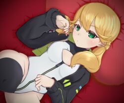  alice_gear_aegis black_jacket black_thighhighs blonde_hair breasts circle_cutout cleavage_cutout clothing_cutout companion/af covered_collarbone female front_zipper full-length_zipper green_eyes highleg highleg_leotard highres jacket kotomura_akane leotard looking_at_viewer low_twintails lying nail_polish pillow race_queen red_nails sleeveless_turtleneck_leotard small_breasts solo thighhighs turtleneck turtleneck_leotard twintails two-tone_leotard white_leotard yubisaki_8c zipper zipper_leotard zipper_pull_tab 