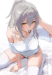  absurdres ai-generated amiki_yuzuru arm_behind_head arm_support bed_sheet bra breasts collarbone commentary female grey_hair hair_between_eyes highres honkai:_star_rail honkai_(series) large_breasts legs light_blush long_hair looking_at_viewer on_bed panties ponytail shirt short_sleeves sidelocks sitting solo stelle_(honkai:_star_rail) thighhighs thighs trailblazer_(honkai:_star_rail) underwear wariza white_background white_bra white_panties white_shirt white_thighhighs yellow_eyes 