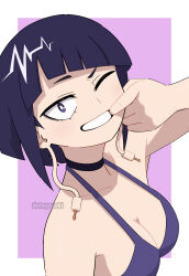  absurdres audio_jack bikini bikini_top_only blunt_bangs boku_no_hero_academia breasts dotoyazuki female finger_in_own_mouth highres jirou_kyouka looking_at_viewer one_eye_closed open_mouth purple_background purple_eyes purple_hair short_hair smile solo swimsuit 