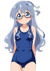  22/7 arms_at_sides ass_visible_through_thighs blue_eyes blue_hair blue_one-piece_swimsuit breasts covered_navel glasses long_hair maruyama_akane mizusaki_johnko one-piece_swimsuit one_side_up school_swimsuit semi-rimless_eyewear simple_background small_breasts swimsuit under-rim_eyewear white_background 