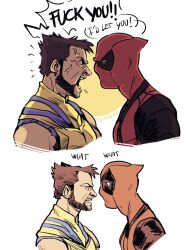  2boys angry artist_name beard bodysuit brown_hair deadpool deadpool_&amp;_wolverine deadpool_(series) english_commentary english_text facial_hair flyingrotten highres looking_at_another male_focus marvel mature_male multiple_boys muscular open_mouth red_bodysuit red_mask screaming short_hair sleeveless teeth two-tone_bodysuit veins wolverine_(x-men) x-men yaoi yellow_bodysuit 