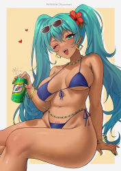  ;d alternate_breast_size aqua_eyes aqua_hair bare_shoulders bikini blue_bikini brazilian_miku breasts can cleavage dark_skin earrings english_commentary feet_out_of_frame female flower guarana_antarctica hair_flower hair_ornament hatsune_miku heart highres holding holding_can jewelry large_breasts long_hair looking_at_viewer navel one_eye_closed open_mouth red_flower ryuuneart smile solo stomach swimsuit thighs twintails very_long_hair vocaloid 