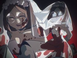  blood blood_on_clothes blood_on_dress breasts bridal_veil brown_hair dress family_guy female glasses highres holding holding_knife knife large_breasts meg_griffin multiple_views round_eyewear tian_niunai_hezi veil wedding_dress white_dress 