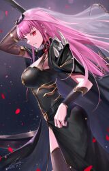  black_cape black_dress black_tiara blush breasts cape cleavage detached_sleeves dress female from_side highres holding holding_scythe hololive hololive_english jewelry kenko_(a143016) large_breasts long_hair mori_calliope mori_calliope_(1st_costume) multicolored_hair pink_eyes pink_hair red_eyes scythe shoulder_spikes sideboob single_detached_sleeve smile solo spiked_cape spikes thighhighs tiara veil virtual_youtuber 