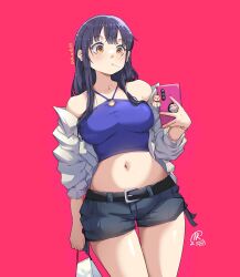  bare_shoulders blue_hair blue_tank_top boku_no_kokoro_no_yabai_yatsu breasts brown_eyes cellphone cellphone_charm charm_(object) cowboy_shot dark_blue_hair denim denim_shorts female halterneck holding holding_phone jacket jk_arts large_breasts long_hair mole mole_on_neck multiple_moles navel off_shoulder phone pink_background shorts signature simple_background smartphone solo tank_top thighs twitter_username white_jacket yamada_anna 