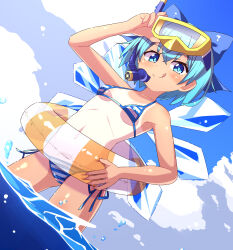  :q absurdres adjusting_eyewear bikini blue_bow blue_eyes blue_hair blue_sky blush bow cirno cloud cloudy_sky commentary covered_nipples crossed_bangs dutch_angle female hairbow hand_on_eyewear highres holding holding_swim_ring ice ice_wings innertube licking_lips looking_at_viewer micro_bikini navel one-piece_tan sabfish1229 side-tie_bikini_bottom sky snorkel solo standing striped_bikini striped_clothes swim_ring swimsuit tan tanlines tanned_cirno tongue tongue_out touhou wading water_drop wings 