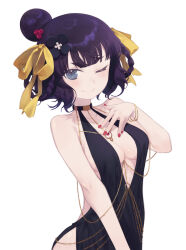  absurdres bare_shoulders bb_(fate) bb_dubai_(fate) bb_dubai_(fate)_(cosplay) belly_chain black_dress blue_eyes blush braid braided_hair_rings breasts center_opening cleavage cosplay daisi_gi dress fate/grand_order fate_(series) female hair_bun hair_ornament hair_ribbon highres jewelry katsushika_hokusai_(fate) looking_at_viewer medium_breasts necklace one_eye_closed purple_hair ribbon short_hair side_slit smile solo twin_braids yellow_ribbon 