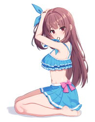  alcmls1230 arms_up bare_arms bare_legs bare_shoulders barefoot bikini blue_bikini blue_skirt blunt_bangs bow bow_skirt brown_hair character_request closed_mouth criss-cross_back-straps feet female frilled_bikini frills from_side full_body hair_tie_in_mouth highres legs light_blush long_hair looking_at_viewer looking_to_the_side midriff miniskirt mouth_hold navel one_side_up pink_bow pleated_skirt red_eyes shadow simple_background sitting skirt soles solo swimsuit tenkafuma toes tying_hair white_background 