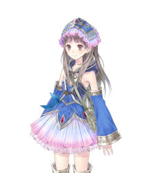  absurdres atelier_(series) atelier_rorona bare_shoulders blue_shirt blue_sleeves brown_eyes brown_hair closed_mouth cowboy_shot detached_hood detached_sleeves female frilled_skirt frills gold_trim hat highres kishida_mel long_hair long_sleeves looking_at_viewer official_art pleated_skirt shirt simple_background skirt smile solo standing tachi-e totooria_helmold white_background white_skirt 