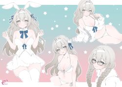  alternate_costume alternate_hairstyle animal_ears bare_shoulders bikini braid breasts cleavage collarbone dodosako dress fake_animal_ears firefly_(honkai:_star_rail) glasses gradient_background grey_eyes grey_hair headband highres honkai:_star_rail honkai_(series) large_breasts long_hair looking_at_viewer multiple_views navel panties rabbit_ears side-tie_bikini_bottom smile star_(symbol) stomach sweater swimsuit twin_braids underwear white_bikini white_dress white_headband white_panties white_sweater 