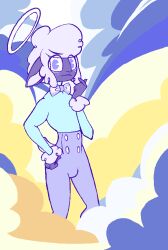  angel anthro biped blue_clothing blue_eyes bottomwear bovid bow_tie caprine cherub clothed clothed_anthro clothed_male clothing collin_(helluva_boss) colored detailed_background digital_drawing_(artwork) digital_media_(artwork) ears_down fluffy fluffy_hair goat hair halo helluva_boss looking_at_viewer male mammal pants pivoted_ears shirt skeletronic skinny skinny_anthro skinny_male solo standing topwear white_hair 