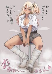  absurdres blonde_hair blush breasts bright_pupils cleavage closed_mouth collared_shirt dirty_legwear dorsiflexion eyelashes female full_body grey_background grey_skirt gyaru hair_ornament hair_scrunchie highres large_breasts looking_at_viewer loose_socks miniskirt no_shoes on_chair one_side_up original pink_eyes scrunchie shirt sitting skirt smell smile socks solo sound_effects steaming_body tan tebasaki_chikin thighs toes white_pupils white_shirt white_socks 