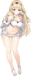  animal_ears bikini blonde_hair blue_eyes breasts cleavage female frilled_bikini frills full_body highres kusugawa_sasara large_breasts long_hair looking_at_viewer navel non-web_source official_art photoshop_(medium) sandals simple_background solo swimsuit to_heart_(series) to_heart_2 white_background white_footwear 