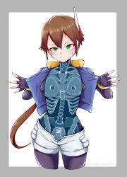  aile_(mega_man_zx) black_gloves blue_jacket blush bracelet breasts brown_hair cropped_jacket embarrassed female fingerless_gloves gloves green_eyes grin hands_up highres jacket jewelry large_breasts light_frown looking_at_viewer low_ponytail mega_man_(series) mega_man_zx mega_man_zx_advent open_clothes open_jacket opened_by_self puffy_short_sleeves puffy_sleeves radio_antenna robot_ears short_hair short_shorts short_sleeves shorts smile solo spread_fingers sweatdrop uncleduk white_shorts x-ray 