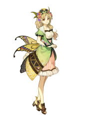  absurdres atelier_(series) atelier_shallie ayesha_altugle blonde_hair brown_eyes bug butterfly closed_mouth dress female flower full_body hair_flower hair_ornament hat hidari_(left_side) highres long_hair looking_at_viewer low-tied_long_hair multicolored_wings official_art pink_dress shoes short_sleeves smile solo standing tachi-e toeless_footwear white_background wings 