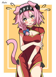  absurdres alternate_costume animal_ears arknights artist_name black_headband blue_ribbon blush braid breasts cat_ears cat_girl cat_tail china_dress chinese_clothes cleavage cowboy_shot dress female goldenglow_(arknights) hair_between_eyes hair_ribbon headband hendra highres large_breasts open_mouth pink_hair red_dress ribbon short_hair single_braid solo sweatdrop tail thighs yellow_background yellow_eyes 