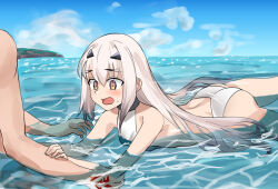  1boy absurdres ass bare_shoulders blue_sky blush breasts brown_hair command_spell das_(dan_dan) fate/grand_order fate_(series) female forked_eyebrows fujimaru_ritsuka_(male) highres long_hair melusine_(fate) ocean one-piece_swimsuit open_mouth sidelocks sky small_breasts swimming swimsuit thighs white_hair white_one-piece_swimsuit 