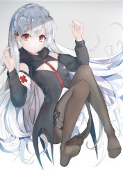  arknights armband black_dress black_jacket black_pantyhose black_sleeves braid closed_mouth commentary cross cross_hair_ornament crown_braid detached_sleeves dress expressionless feet female flat_chest fuenyuan full_body grey_background hair_between_eyes hair_ornament hands_up highres jacket legs long_hair long_sleeves looking_at_viewer no_shoes pantyhose pointy_ears red_cross red_eyes shadow simple_background sitting sleeveless sleeveless_jacket soles solo thigh_strap toes very_long_hair warfarin_(arknights) white_armband white_background white_hair 