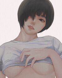  22enose22 asymmetrical_bangs black_eyes black_hair breasts eyelashes female highres medium_breasts mole mole_on_cheek mole_under_breast original parted_lips red_lips short_hair simple_background solo underboob upper_body white_background 