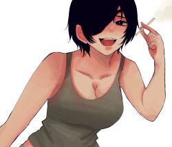  black_eyes black_hair breasts chainsaw_man cigarette cleavage collarbone commentary_request eyepatch female green_tank_top highres himeno_(chainsaw_man) holding holding_cigarette large_breasts open_mouth short_hair smile smoke solo tank_top upper_body yuzuha_takamura 