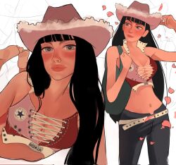  bag belt black_hair blue_eyes blunt_bangs commentary cowboy_shot cropped_torso cross-laced_clothes cross-laced_top denim english_commentary female highres jeans long_hair looking_at_viewer looking_to_the_side multiple_views navel nico_robin one_piece pants petals shmalloe shoulder_bag simple_background sleeveless white_background 