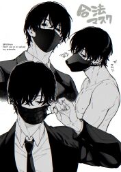  1boy chainsaw_man coat collarbone collared_shirt dog_mask ear_piercing greyscale hair_between_eyes highres iichinpo male_focus mask monochrome mouth_mask multiple_piercings multiple_views necktie nipples nude pectorals piercing shirt short_hair simple_background translation_request twitter_username upper_body watermark yoshida_hirofumi 