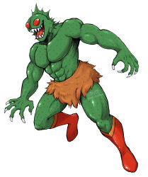  abs animal_humanoid atlantis_(ultimate_muscle) bottomwear claws clothing fin fish fish_humanoid green_body green_skin head_fin hi_res humanoid loincloth male marine marine_humanoid mostly_nude mthchupaca muscular pecs red_eyes sharp_teeth simple_background solo teeth tongue ultimate_muscle white_background wrestling_boots 