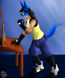  2015 3_toes 4_fingers 5:6 anthro artist_logo black_body black_fur blue_body blue_fur bottomwear chest_spike clothed clothing digitigrade eyewear feet fingers fur fur_growth furniture generation_4_pokemon glasses growth hair_to_fur hand_on_table hand_spike hi_res human human_to_anthro inside logo lucario male mammal mid_transformation motion_lines nintendo open_mouth paws plantigrade plantigrade_to_digitigrade pokemon pokemon_(species) red_eyes shaded shoe_burst shorts signature simple_background snout snout_growth soft_shading solo species_transformation spikes spikes_(anatomy) spirit_dancer sunglasses table tail tail_growth tail_motion tailwag tan_body tan_fur teeth toes topless torn_bottomwear torn_clothing torn_shoes torn_shorts transformation 