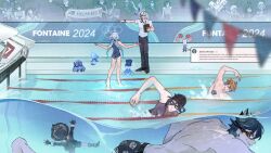  2024_summer_olympics 6+boys 6+girls afterimage alhaitham_(genshin_impact) alternate_costume alternate_hairstyle angry animal arlecchino_(genshin_impact) ass barefoot black_hair blue_hair blurry blurry_foreground bow_(weapon) braid cambrosiaa chat_log cheating_(competitive) cheering choker clorinde_(genshin_impact) closed_mouth contemporary crossed_arms cup cyno_(genshin_impact) dragon dress english_commentary excited facial_hair familiar freminet_(genshin_impact) furina_(genshin_impact) genshin_impact gentilhomme_usher gloves goggles high_ponytail holding holding_cup jacket kaveh_(genshin_impact) leisurely_otter_(genshin_impact) long_hair long_sleeves looking_to_the_side lynette_(genshin_impact) lyney_(genshin_impact) mademoiselle_crabaletta male_swimwear melus_(genshin_impact) mini_durin_(genshin_impact) moustache multiple_boys multiple_girls navia_(genshin_impact) necktie neuvillette_(genshin_impact) olympics one-piece_swimsuit open_mouth orange_hair otter outstretched_arm partially_submerged pointing pom_pom_(cheerleading) pool scaramouche_(genshin_impact) screenshot_inset shirt shoes short_hair short_sleeves shorts side_braid sigewinne_(genshin_impact) silver_(genshin_impact) smile smirk squiggle standing standing_on_liquid suit suit_jacket sunglasses surintendante_chevalmarin swim_cap swim_trunks swimming swimsuit tartaglia_(genshin_impact) tighnari_(genshin_impact) twin_braids twintails v-shaped_eyebrows venti_(genshin_impact) water weapon wriothesley_(genshin_impact) zhongli_(genshin_impact) 