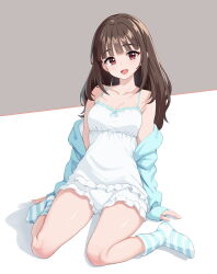  :d absurdres alcmls1230 aqua_jacket aqua_stripes arms_at_sides bare_shoulders blunt_bangs bow_camisole breasts brown_hair camisole cleavage collarbone female frilled_camisole frilled_shorts frills full_body highres jacket jacket_partially_removed long_hair looking_at_viewer medium_breasts nekoyashiki_mayu open_mouth precure red_eyes shadow shorts simple_background sitting sleeves_past_wrists smile socks solo striped_clothes striped_socks two-tone_background wariza white_camisole white_shorts wonderful_precure! 