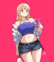  bare_shoulders blonde_hair blue_tank_top boku_no_kokoro_no_yabai_yatsu breasts brown_eyes cellphone cellphone_charm charm_(object) colored_tips cowboy_shot denim denim_shorts female gyaru halterneck holding holding_phone jacket jk_arts large_breasts long_hair mole mole_on_neck multicolored_hair multiple_moles navel off_shoulder official_alternate_hair_color official_alternate_hairstyle phone pink_background shorts signature simple_background smartphone solo tank_top thighs twitter_username white_jacket yamada_anna 