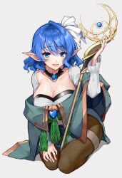  absurdres arm_up between_legs blossomsa blue_eyes blue_gemstone blue_hair bow breasts brown_pantyhose cleavage collarbone commentary_request commission crescent elf female full_body gem green_robe hair_between_eyes hairbow hand_on_own_knee highres holding holding_staff jewelry large_breasts light_blush long_sleeves looking_at_viewer medium_hair moebius_(blueelfmoebius) necklace open_hands open_mouth original pantyhose pointy_ears robe second-party_source seiza shadow simple_background single_hair_intake sitting skeb_commission sleeves_past_wrists smile solo staff white_background white_bow 